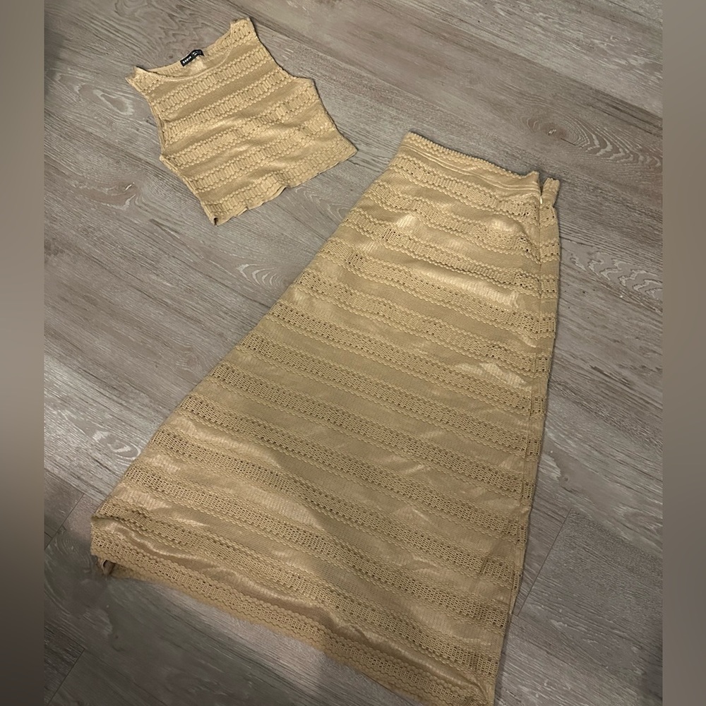 Tan Midi Skirt and Crop Tank 2 Piece Set - Picture 2 of 5